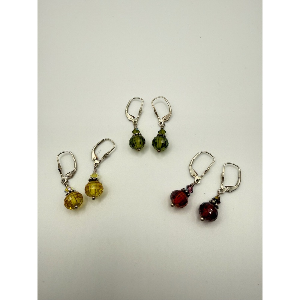 Set of 3 Sterling Silver 925 Faceted Crystal Leverback Earrings Yellow Green Red